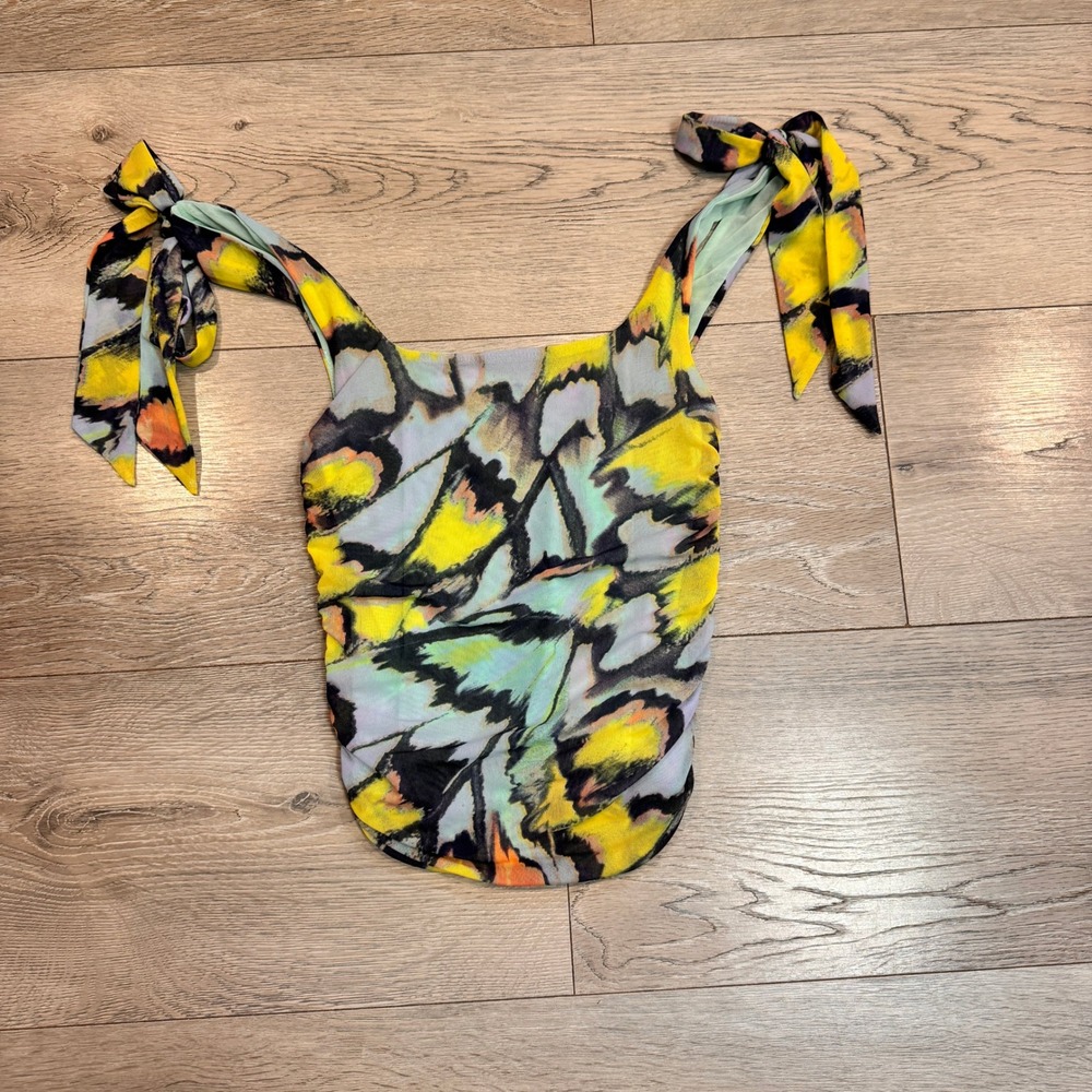 Free People Avenue Tank Butterfly Print Ruched‎ Mesh Tie Strap Top XSmall XS